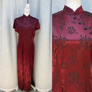 Dawn Joy Fashion red black floral Chinese cheongsam long dress